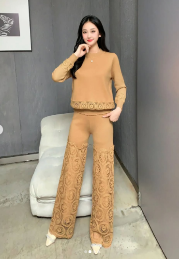 Saira 2 Piece Outfits  Knit Pullover and Wide Leg Lace Pants Lounge Matching Set